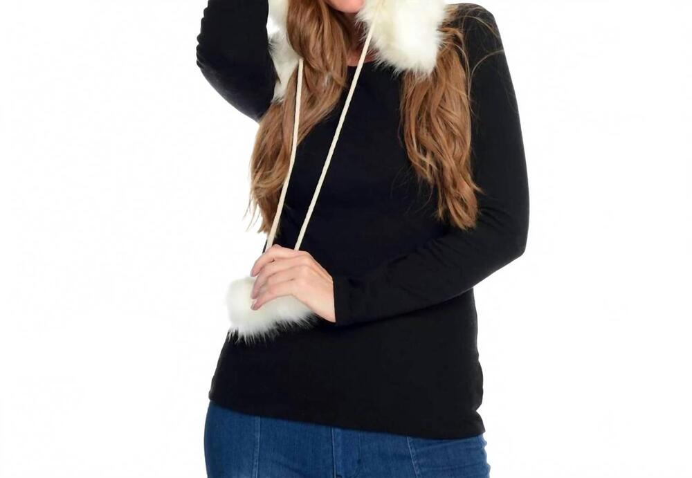 NEW LAUNDRY BY DESIGN faux fur trimmed hood hat with pom pom ties in white
